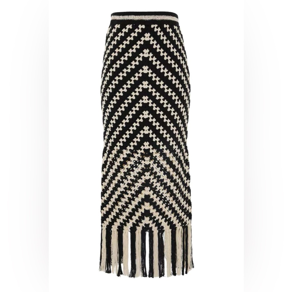 ZIMMERMANN Halliday Hand Crochet Fringe Black and Cream White Skirt